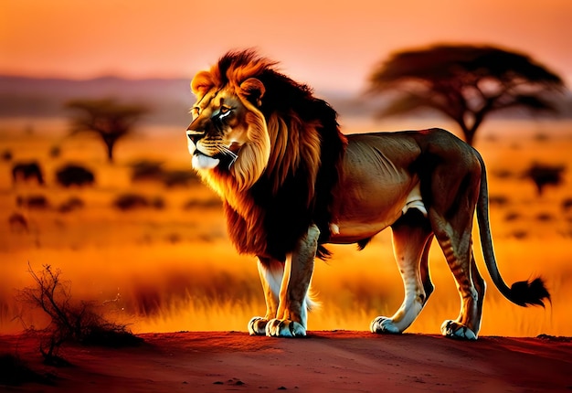 Majestic Lion Roars at Sunset over the Savannah