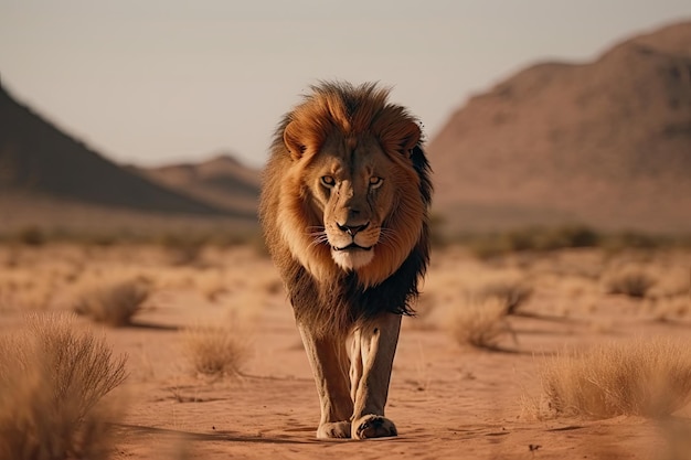 Majestic lion stalking its prey in the desert