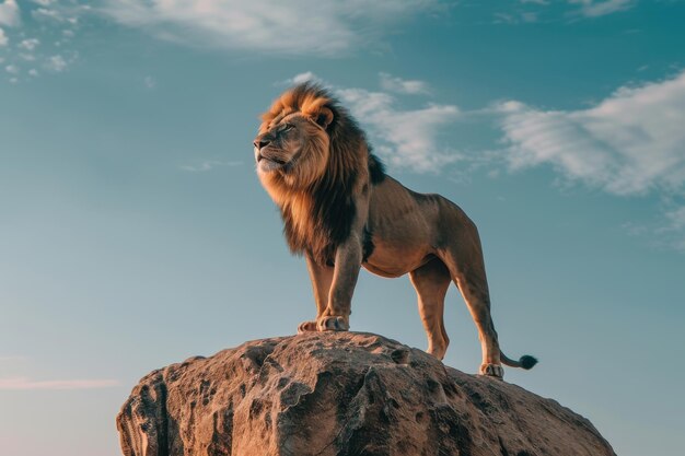 Photo majestic lion standing on rock outcropping against blue sky