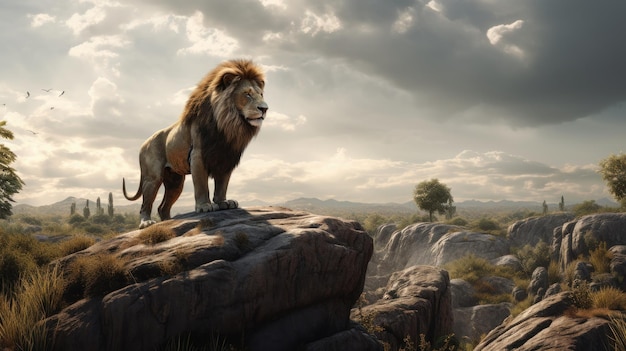 Majestic Lion Standing on a Rock Overlooking a Vast Savannah