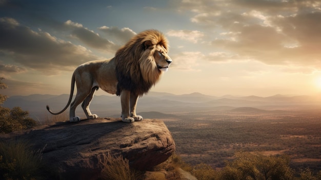 Majestic Lion Standing on a Rock Overlooking a Vast Savannah