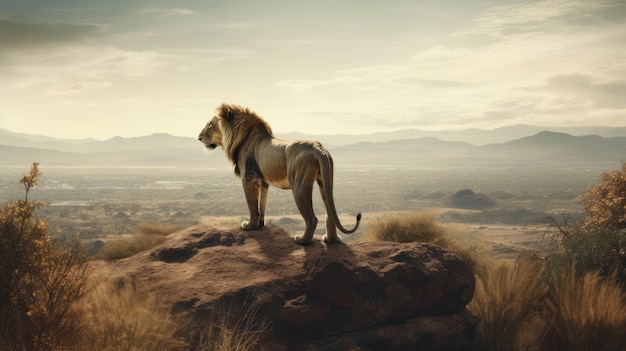 Majestic Lion Standing on a Rock Overlooking a Vast Savannah