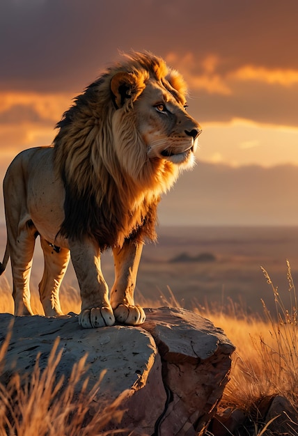 Majestic lion standing on a rock at sunset