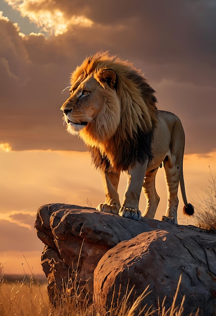 Majestic Lion Standing on a Rock at Sunset