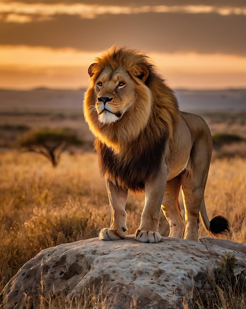 Majestic Lion Standing on a Rock at Sunset