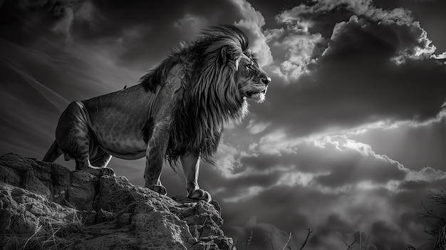 Majestic lion standing on rocky cliff under dramatic sky black and white photography