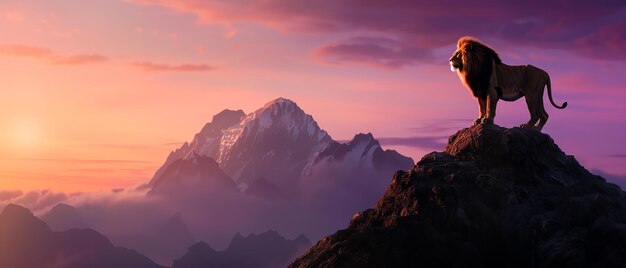 Photo a majestic lion stands on a rocky peak gazing at serene mountains under a vibrant sunset sky symbolizing strength and freedom