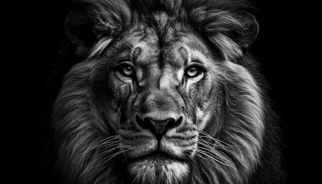 Majestic lion staring at camera in black and white generated by artificial intelligence