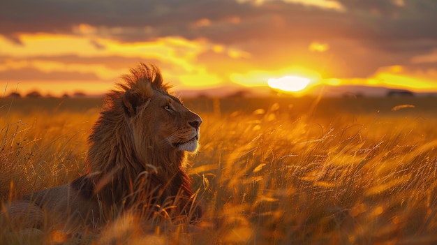 Majestic Lion at Sunset in African Savanna