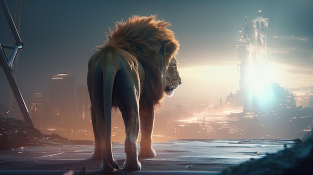 Majestic lion walk into metaverse digital art illustration Generative AI