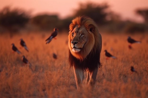 Majestic Lion Walking Across African Savannah