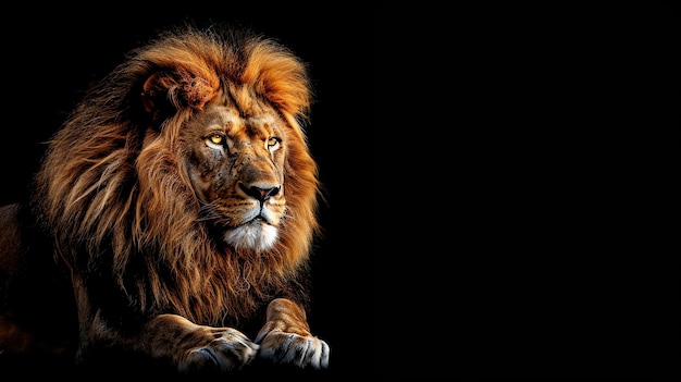 A majestic lion with a golden mane looking to the left against a black background