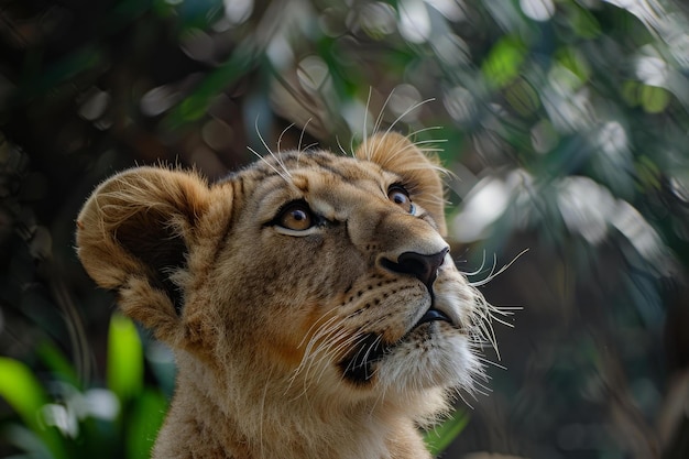 Majestic lioness gazing skyward in natural habitat