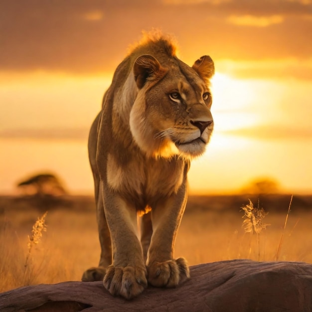 A majestic lioness surveys her vast savanna kingdom her golden mane glowing in the sunset