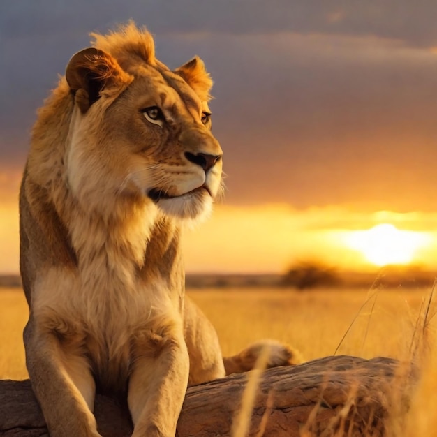 A majestic lioness surveys her vast savanna kingdom her golden mane glowing in the sunset