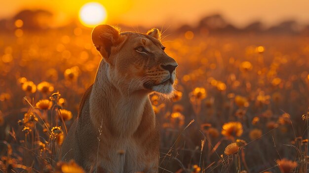 Majestic Lioness with Savannah Backdrop and Golden Sunset