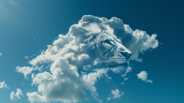 A majestic lions face appears formed by clouds in the sky blending the realms of imagination and nature