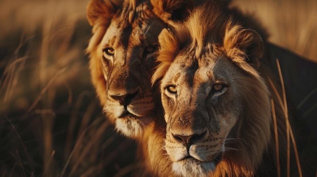 Majestic lions in the wild mirroring each other with a sunset backdrop