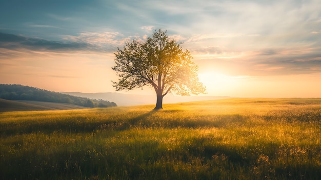 Majestic Lone Tree in Golden Wheat Field at Sunset