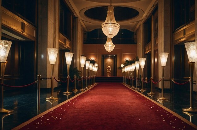 Majestic Long Hallway With Red Carpet and Chandelier Generative AI