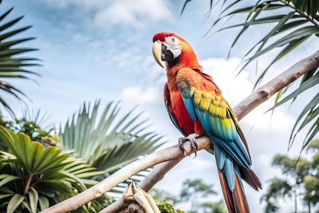 a majestic macaw perches proudly amidst a canopy of vibrant foliage