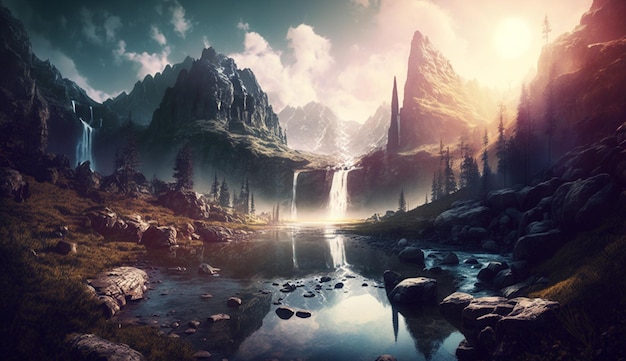 Majestic magical fantasy landscape with mountains river waterfall morning sun rays