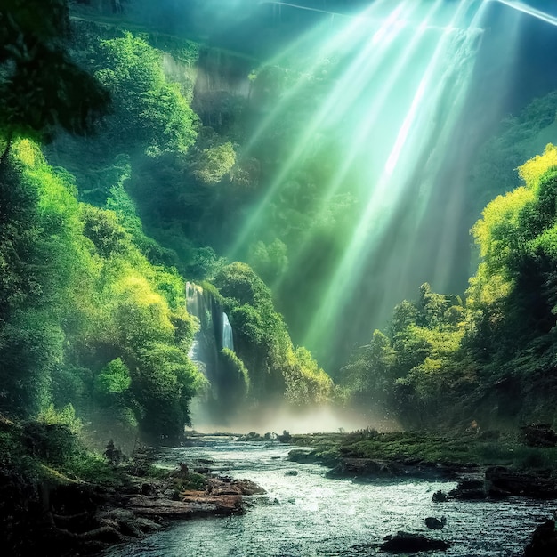 Majestic magical fantasy landscape with mountains river waterfall sun rays 3D illustration