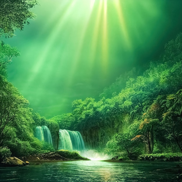 Majestic magical fantasy landscape with mountains river waterfall sun rays 3D illustration