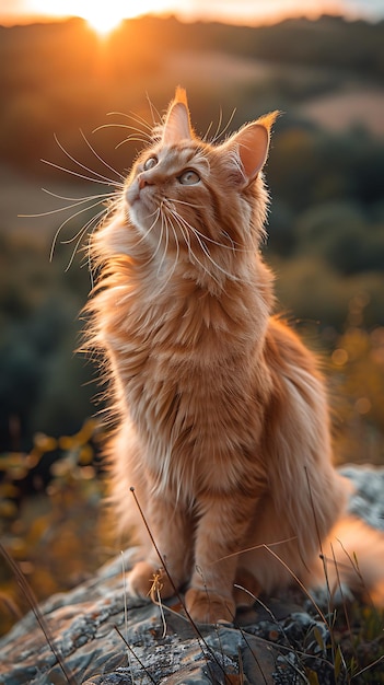 A majestic Maine Coon cat perched on a dogs back enjoying the scenic view during a warm afternoon hike with rolling hills bathed in golden sunlight stretching out in the background