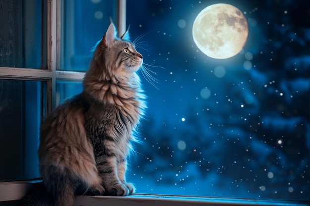 A majestic Maine Coon cat perched on a windowsill gazing out at a starlit night sky bathed in moonli