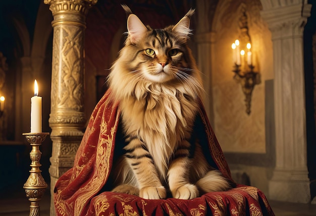 Majestic Maine Coon striped king in a cape on a throne in a Gothic setting with candlelight Royal with a medieval atmosphere the cat looks like royalty