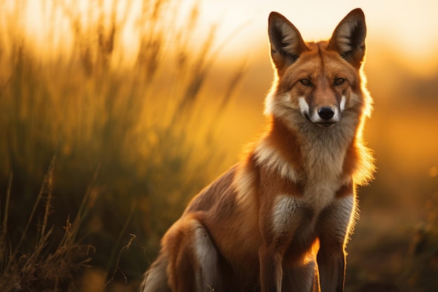 A majestic Maned Wolf stands tall in the golden glow of the South American savannah