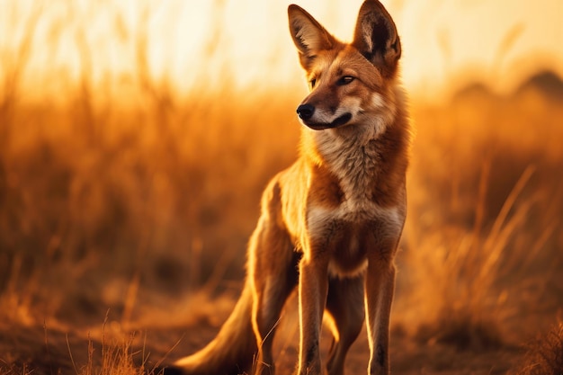 A majestic Maned Wolf stands tall in the golden glow of the South American savannah