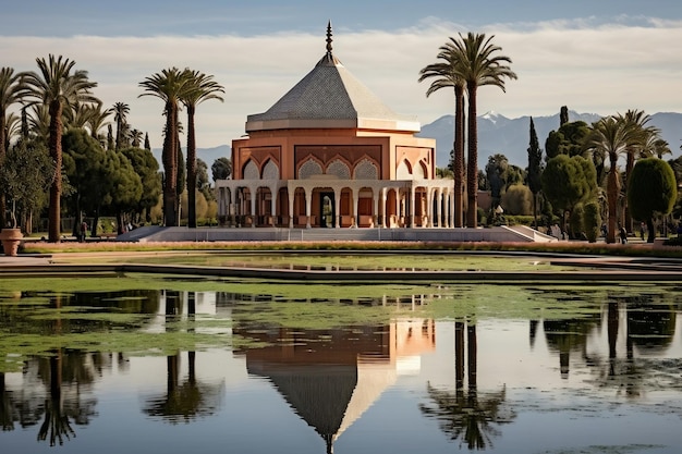 Majestic Marrakech Moroccan Pavilion Menara Gardens and Atlas Mountains Generative AI