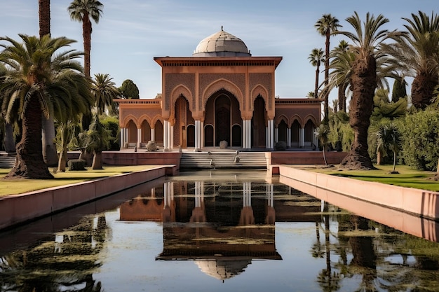 Majestic Marrakech Moroccan Pavilion Menara Gardens and Atlas Mountains Generative AI