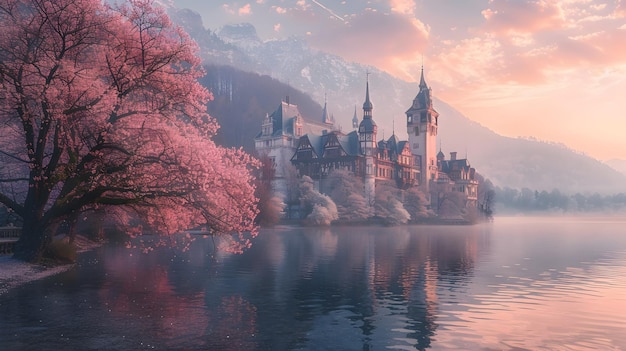 Photo majestic medieval castle adorned with ornate baroque facades surrounded by blossoming cherry trees