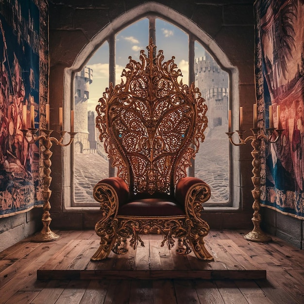 Photo majestic medieval throne room illustration with golden filigree