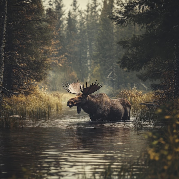 Photo majestic moose wades through a quiet river