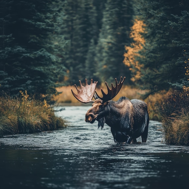 Photo majestic moose wades through a quiet river