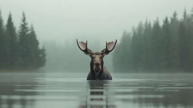 Photo a majestic moose wades through a tranquil lake its head held high above the water the mist sh