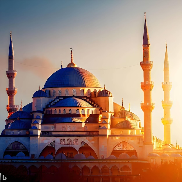 A majestic mosque its intricate domes and minarets illuminated by the setting sun