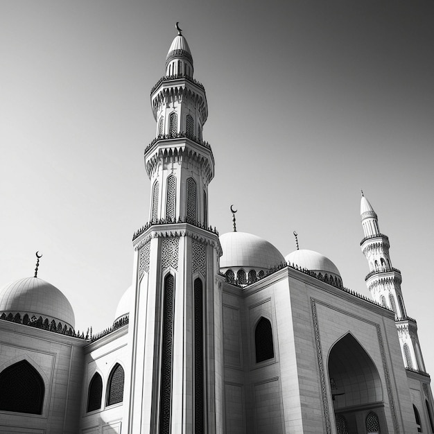 Photo majestic mosque with crescent moon in black and white ultra realistic 8k photography