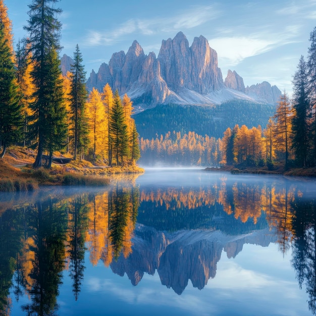 Photo majestic mountain lake with autumn forest and clear reflection