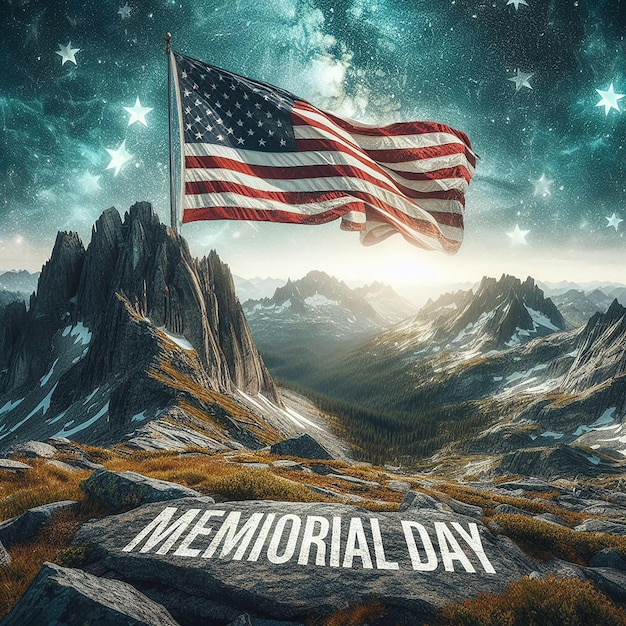 Majestic mountain landscape stars and stripes wave proudly Memorial Day etched in rocky terrain