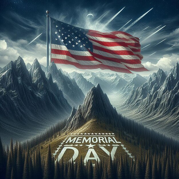 Majestic mountain landscape stars and stripes wave proudly Memorial Day etched in rocky terrain