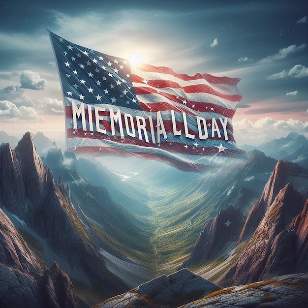 Majestic mountain landscape stars and stripes wave proudly Memorial Day etched in rocky terrain