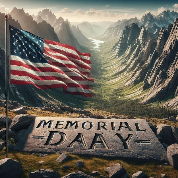 Majestic mountain landscape stars and stripes wave proudly Memorial Day etched in rocky terrain