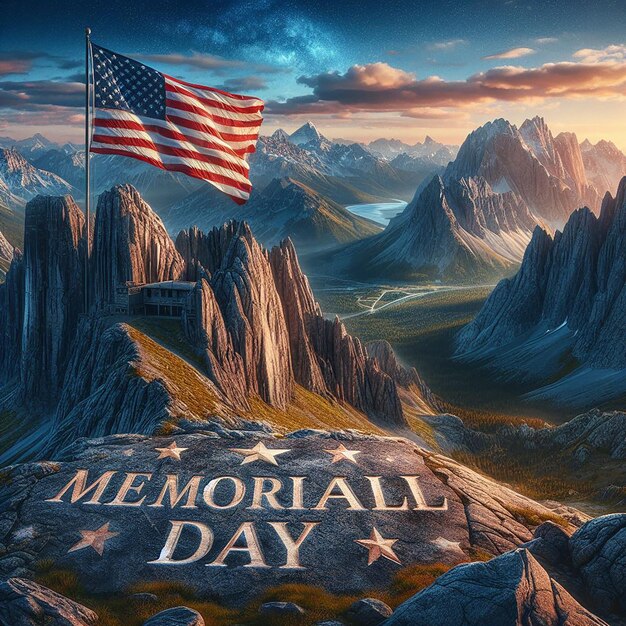 Majestic mountain landscape stars and stripes wave proudly Memorial Day etched in rocky terrain