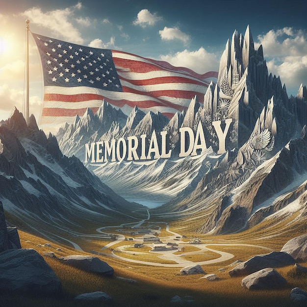 Majestic mountain landscape stars and stripes wave proudly Memorial Day etched in rocky terrain