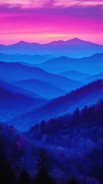 Photo majestic mountain landscape at twilight showcasing layers of blue and purple hues over distant peaks and valleys in serene tranquility